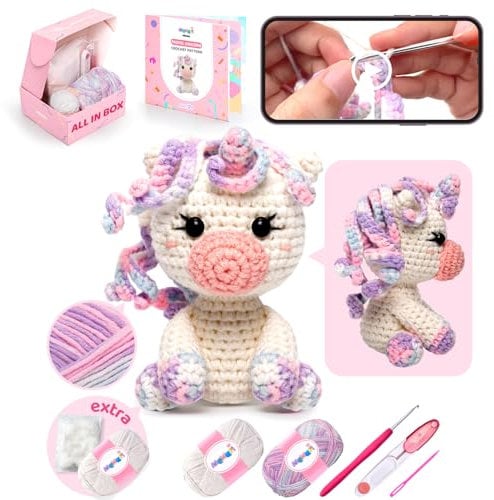 Mewaii Häkelset für Anfänger, Stufe 2, mit 40 % extra umweltfreundlichem, vorgestartetem einfachen Garn, Schritt-für-Schritt-Video-Tutorials für Erwachsene und Kinder (Pastell-Einhorn)
