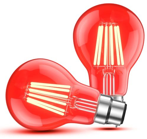 Lamptobe 6W B22 LED Red Light Bulb, 60W Equivalent, Clear Glass A60 Red Bayonet Light Bulbs for Christmas Halloween Home Holiday Lighting Party Wedding Bar Mood Decor, Non-Dimmable, 2-Pack