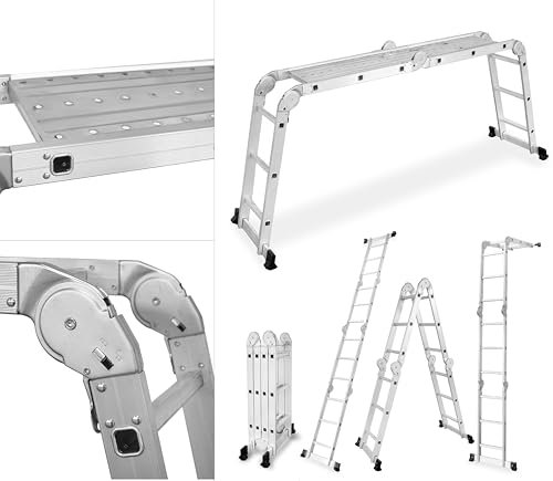 DRABEST Scala Articolata in Alluminio, Pieghevole, Multifunzionale 4x3 + PIATTAFORMA - Carico Massimo 125kg - Alluminio - Struttura Stabile e Resistente - 0,33x0,9x0,25m