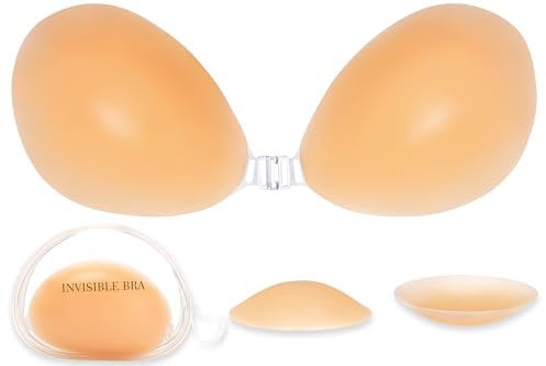 Amazqi Sticky Bra for Women- Stick On Bra with 2 Nipple Covers, Skin-Friendly Strapless & Adhesive Bras, Backless Bras for Everyday Wearing (UK, Cup & Band, D, Nude, D)