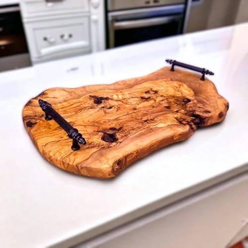 Handcrafted Olive Wood Cutting Board with Rustic Metal Handles – Unique Serving Tray and Cheese Board for Kitchen, Charcuterie and Home Décor – Natural Durable Elegant Wooden Platter - Large (50 cm)