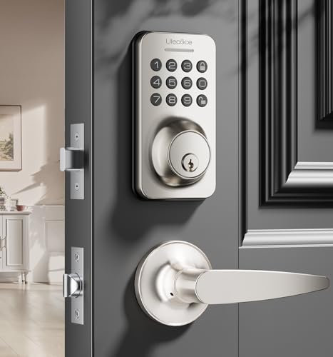 Keyless Entry Door Lock Deadbolt with Handle Set, Keypad Door Lock with Handle Smart Door Locks for Front Door with Set Code Door Lock with Easy Installation, Auto Lock, (Satin Nickel)