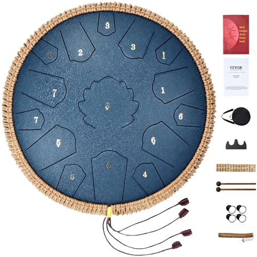 VEVOR Zungentrommel 356 mm, Steel Tongue Drum 15 Noten, Regentrommel, C-Dur-Tonart, Regenglockenspiel mit 2 Schlägeln & Tragetasche, Handpan-Trommel, Schlaginstrument für Musikunterricht & Yoga, Blau