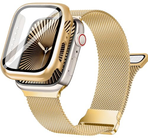 Ocaer Kompatibel mit Apple Watch 10 Armband+Hülle 46mm, Metall Magnetisch iWatch Armband mit Bildschirmschutz für Apple Watch Series 10, Edelstahl Milanese Loop Band (Gold, 46mm)