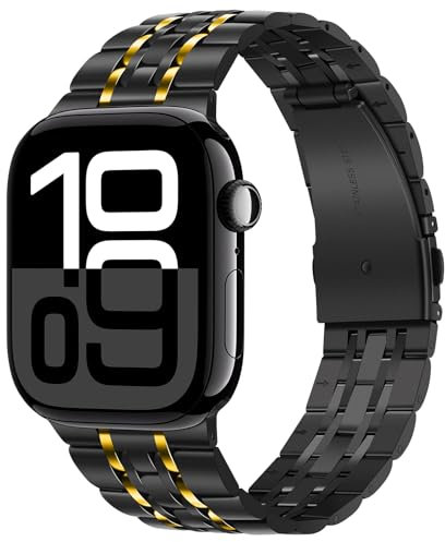 Tasikar Kompatibel mit Apple Watch Armband 42mm(Series 10) 41mm 40mm 38mm, Massives Edelstahl Metall Herren Damen Band Kompatibel mit Apple Watch SE 2 SE Series10 9 8 7 6 5 4 3, Schwarz-Gold