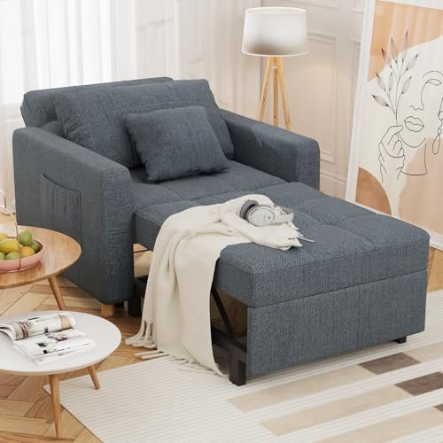 UNIONLINE 192cm Schlafsofa, 3-in-1 Schlaferstuhl Ausziehbar Schlafsessel Betten, Schlafsofa mit Seitentasche und Regulierbarer Rückenlehne für Erwachsene Leinenstoff Sofa Bed Chair, Dunkelgrau