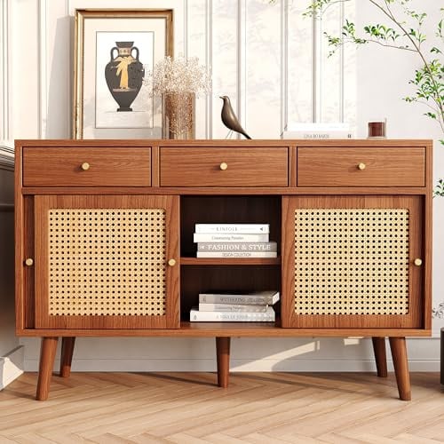 Merax Sideboard, Kommode mit 3 Schubladen und 3 Schiebetüren, Rattangeflecht auf den Türfronten, Beine aus massivem Holz, Golden Metall Bügelgriff,verstellbare Ablagen,120x 40x78cm/Nussbaum