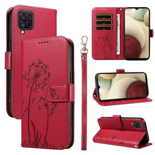 Bravoday Coque pour Samsung Galaxy A12 4G / Galaxy M12, Housse en Cuir PU Premium Etui à Rabat Pochette de Portefeuille avec Porte Carte Étui de Protection pour Galaxy A12 4G / M12, Rouge