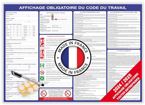 Affichage obligatoire entreprise code du travail nouvelle version 2025 - Affichage réglementaire entreprise - Panneau affichage obligatoire plastifié A2 effaçable + feutre fourni + pastilles adhésives