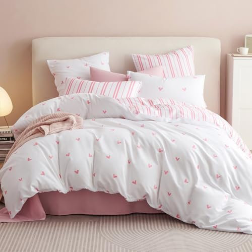 Tospass Weiß Bettwäsche 135x200 cm 4teilig Mädchen - Rosa Herz Beidseitige Set Microfaser, Innen Ist EIN Rosa Streifen 2 Bettwäsche Set Bettbezug mit Reißverschluss und 2 Kissenbezug 80x80 cm