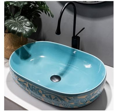 YYUINU Badezimmer Waschbecken, Keramik Waschschüssel mit Wasserhahn, 60x40x15cm,Blue