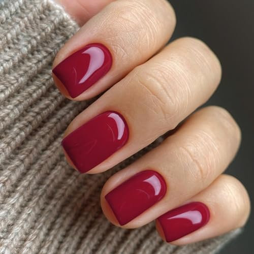 SXVME 48 Pcs Red Press on Nails Short Square Acrylic False Nails Short Coffin Natural Fake Nail Set Elegant Solid Color Full Cover Glossy Gel Stick on Nails for Women Daily Wear