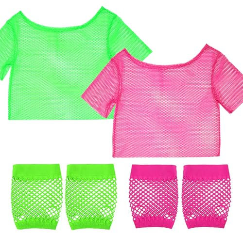 POPAPIE 2 Pièces Deguisement des Annee 80,T-Shirt en Resille,Hauts en Résille Fluo pour Femme,T-Shirt en Maille pour Femme Tenue avec 2 Paires Gants pour Festival Carnaval Fête à Thème