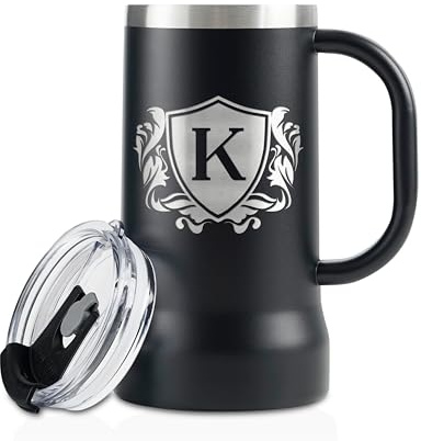 Onebttl Personalised Beer Stein – Custom Monogram Beer Mug with Handle, 24oz Double-Walled Stainless Steel – Gift for Beer Lovers, Dad, Him – Birthday, Holiday - Letter K