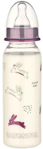 babynova Biberon 240ml con tettarella in silicone a flusso medio anti-colica per neonati - Prodotto in Germania - Senza BPA - Conigli