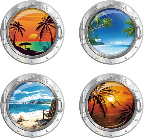 Cruise Door Magnets Decorations Stickers - 4 Pcs Large Porthole Ship Magnets Cruise Essentials Palm Tree Beach Waterproof Magnetic Gifts for Carnival Cabin Refrigerator Decor