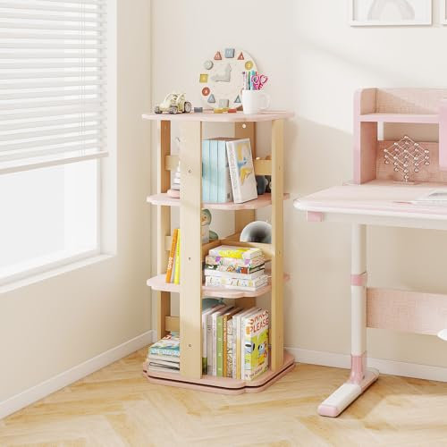 DREAMADE Bibliothèque Enfants à 3 Niveaux Rotative 360°,Coffre à Jouets avec 12 Compartiments Ouverts,Étagère de Rangement au Sol,pour Chambre d'enfant,Salle de Jeux,Crèche,48x48x95,5CM (Rose)