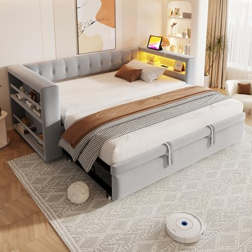 Dolamaní Ausziehbett gleiche höhe Schlafsofa 90/180×190 cm mit LED-Beleuchtung, Polsterbett ausziehbar zum Doppelbett, funktionsbett mit Steckdosen, Samt, ohne Matratze (Hellgrau A)