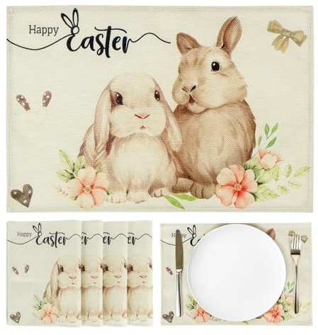 4 Stück Hase Blumen Frühling Tischset Ostern Platzsets, 31×45cm Abwaschbar Frühling Platzdeckchen Osterns Saisonal Küche Tisch Dekoration Drinnen Urlaub Party Deko Osterdeckchen