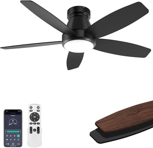 EKDADL 106CM 5 umkehrbare schwarze Flügel Deckenventilator mit Beleuchtung und fernbedienung&APP Dimmbares LED-Beleuchtung,Leiser DC-Motor,1/4/8H-Timer outdoor ventilator deckenlampe (Schwarz)