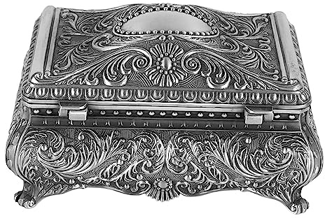 ANKROYU Vintage-Schmuckkästchen aus legiertem Metall, rechteckig, großes Fassungsvermögen, Schmuckaufbewahrung, Organizer mit antikem Blumenmuster, für Frauen und Mädchen, Geschenk (Antikes Silber)