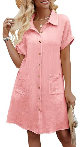 Niwicee Robe Femme Ete Robe Boheme Chic et Elegant Robe de Plage Col V Robe Short Manches Courtes Button Down Chemise Robe avec Poches(Rose,L)