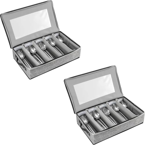 EVERGOODS Flatware Utensil Storage Case with Lid, 5 Compartment Silverware Storage Box with Adjustable Dividers, Hard Shell Cutlery Organizer with Handles for Knives, Forks & Spoons (2-PCS)