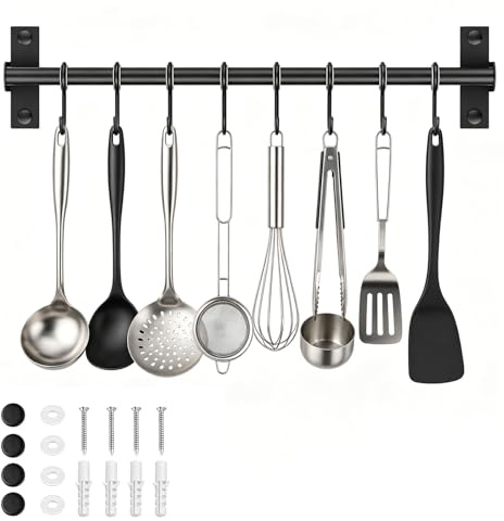 MEETOZ Kitchen Utensil Holder Hanger, 40cm Utensil Rack | Wall-Mounted Hanging Bar Rail with 10 Removable S Hooks for Family Kitchen & Bathroom, Cooking Utensils, Black Coated Steel