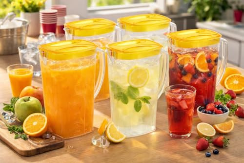 Clear Plastic Water Jugs with Lids, 2 Litre, Set of 5, Vented Spout, Handle, Stackable Pitcher for Juice, Cocktails, Parties, BBQ, Family Camping (Yellow)