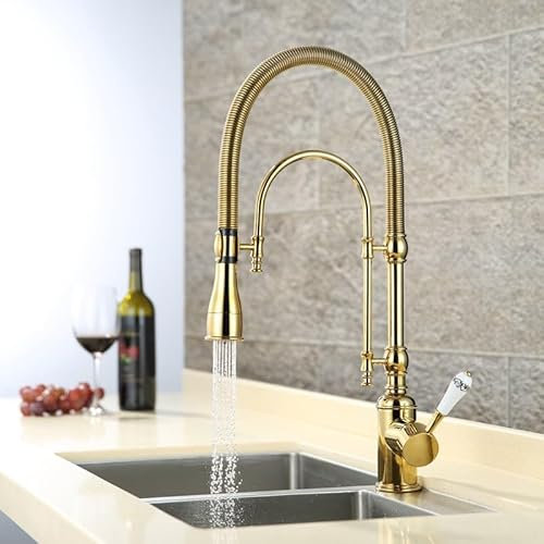 KunMai EinhandWasserhahn mit hohem Lichtbogen, schwenkbar, DualMode, herausziehbarer Sprühkopf, Küchenspüle, mit PorzellanGriff in poliertem Gold, bleifreies, massives Messing, vorspülen,