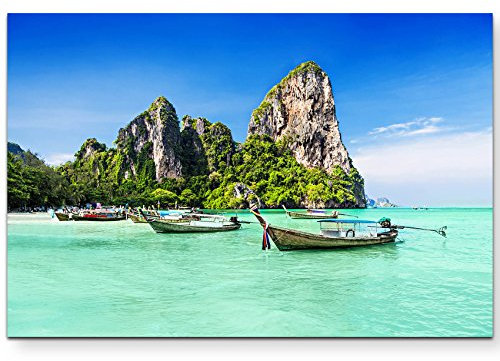 Eau Zone Wandbild auf Leinwand 120x80cm traditionelle Boote vor einem Thailändischen Strand
