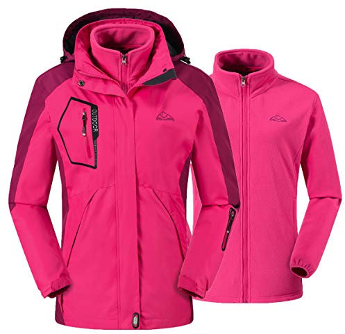 donhobo Damen Ski 3-in-1-Jacke 2 Stück Outdoor Wasserdicht Winddicht Winterjacke Doppeljacke Regenjacke Fleecejacke Wanderjacke Rosarot L