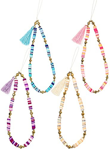 4 Pièces Dragonne de Lanière de Téléphone Perlée Charmes de Téléphone en Perles d'Argile Polymère Acrylique Bracelet Chaîne Coloré Porte-Clés à Sangle Décoratifs Anti-Perte avec Pompons