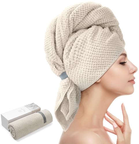 Großes MikrofaserHandtuch für Frauen AntiFrizzHaartrocknungstuch mit elastischem Band schnell trocknende Haarturban für nasses Haar lange dicke lockige Haare super weiche Haarwickeltücher Kamel…