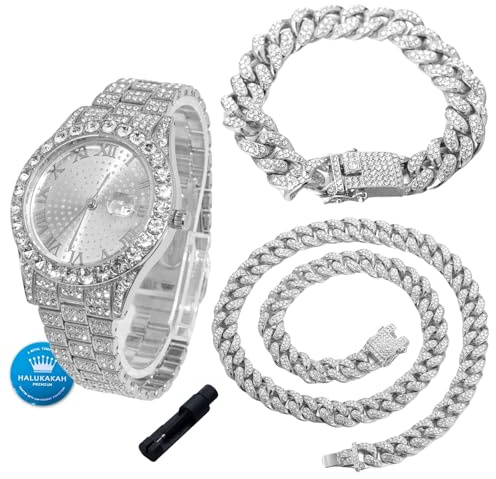 Halukakah Diamanten Gold Uhr Iced Out für Jungen - 18K Echtgold/Platin Platiniert,42mm Rundes Zifferblatt,Japanisches Quarzwerk - 20cm - Optional mit Cuban Gliederkette,mit Anpassungswerkzeug