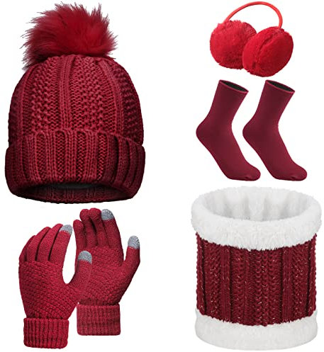 Set 5 Pièces de Sortie de Ski en Tricot Femme Bonnet Écharpe Gants Cache-Oreilles Bas(Couleurs de Série Vin Rouge)