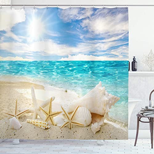 OCEUMACO 3D Strand Duschvorhang 240x200 Meer Shower Curtains Textil Antischimmel Wasserdicht Seestern Muscheln Motiv Duschvorhänge Badewanne Extra Breit Waschbar Stoff mit Ringen - Blau Beige