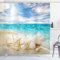 OCEUMACO 3D Strand Duschvorhang 240x200 Meer Shower Curtains Textil Antischimmel Wasserdicht Seestern Muscheln Motiv Duschvorhänge Badewanne Extra Breit Waschbar Stoff mit Ringen - Blau Beige