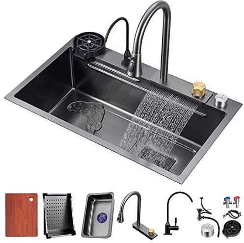 Fregadero de cocina de cascada Raindance de acero inoxidable de platos for el hogar individual Nano gris pistola Con grifo extraíble ( Color : Gun grey , S : 75*45*20cm )