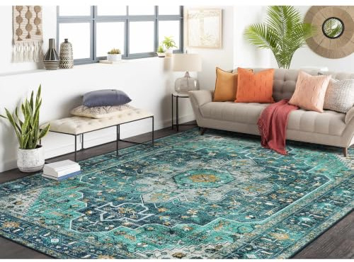 Moynesa - Washable Ultra-Thin Vintage Area Rug - 6x9 Feet Teal Large for Dining Room, Bedroom Rug, Non Shed Living Room Rug, Oriental Medallion Rug for