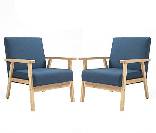 Mingone 2er Set Sessel Gepolsterter Cocktailsessel Skandinavischer Stil Loungesessel Modern Einzelsofa Massivholz für Wohnzimmer Schlafzimmer ,Blau