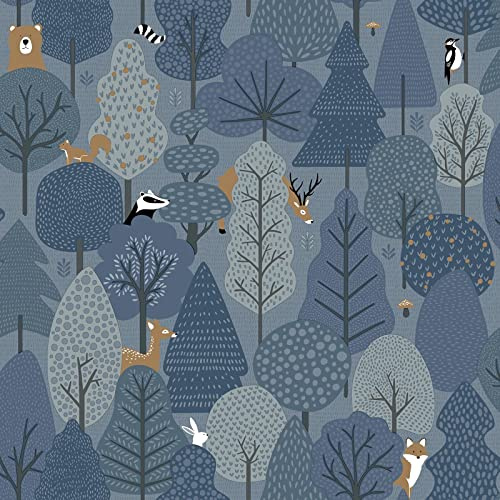 Muriva Wild Woodland Animals Scandi Trees Wallpaper Kids Nursery Feature Wall Navy Blue M51601