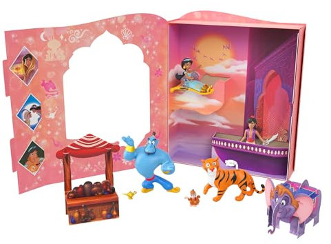Mattel DISNEY PRINCESS Jasmin klassisches Geschichtenbuchset - 6 Lieblingsfiguren aus dem Film Aladdin, doppelseitiger Hintergrund, perforierte Teile und fliegendem Teppich, ab 3 Jahren, HPL57