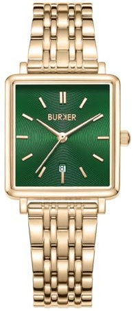 BURKER Damenuhr Daisy, Quadratische Damen Armbanduhr Lederarmband Edelstahl Analog Quarz 3-ATM Wasserdicht - 28 mm - Gold Grün Leder