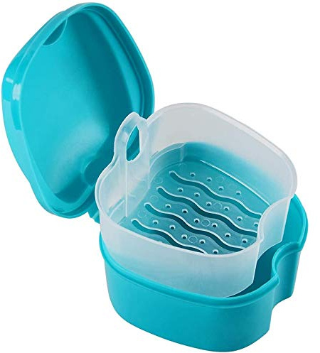 Yessetry Blue Denture Case, Denture Cup with Strainer, Denture Bath Box Teeth Storage Box with Basket Net Container Holder for Travel
