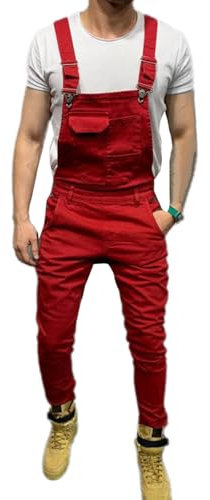 Cicilin Pantaloni in denim da uomo Salopette Salopette in denim Pantaloni alla moda Casual Rilassato Fit Tuta Jeans, Rosso, XL