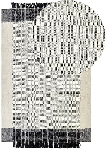 Beliani Teppich Wolle/Baumwolle weiß 140 x 200 cm Fransen schwarz handgewebt Ketenli