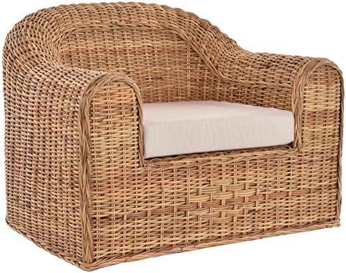 Krines Home Rattansessel Count Breiter Wohnzimmer Sessel aus echtem Rattan Thronsessel (Hell Natur)