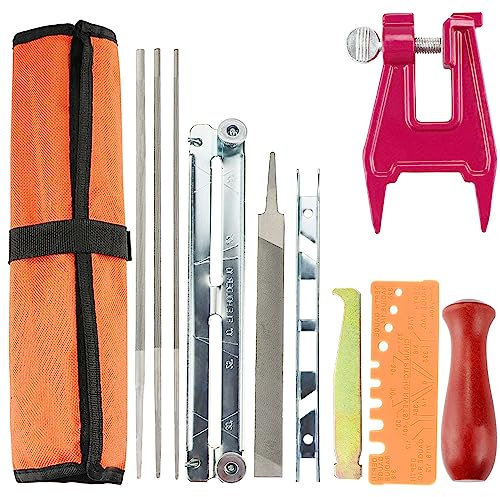 Affilatura per Motosega Kit, Affila Catena Motosega Kit, Affilatura Lama Motosega Kit, con 1 Lima Piatta 3 Lima Rotonde e Morsa per Ceppo per Motosega, per Affilatura e Limatura di Motoseghe