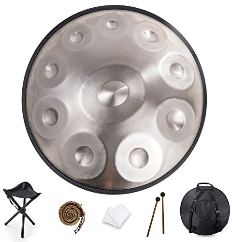 NAHAIA Handpan Drum Instrument, D-Moll 9 10 12 Noten 22 Zoll Stahl Handtrommel (432hz-10 Noten-Silber)